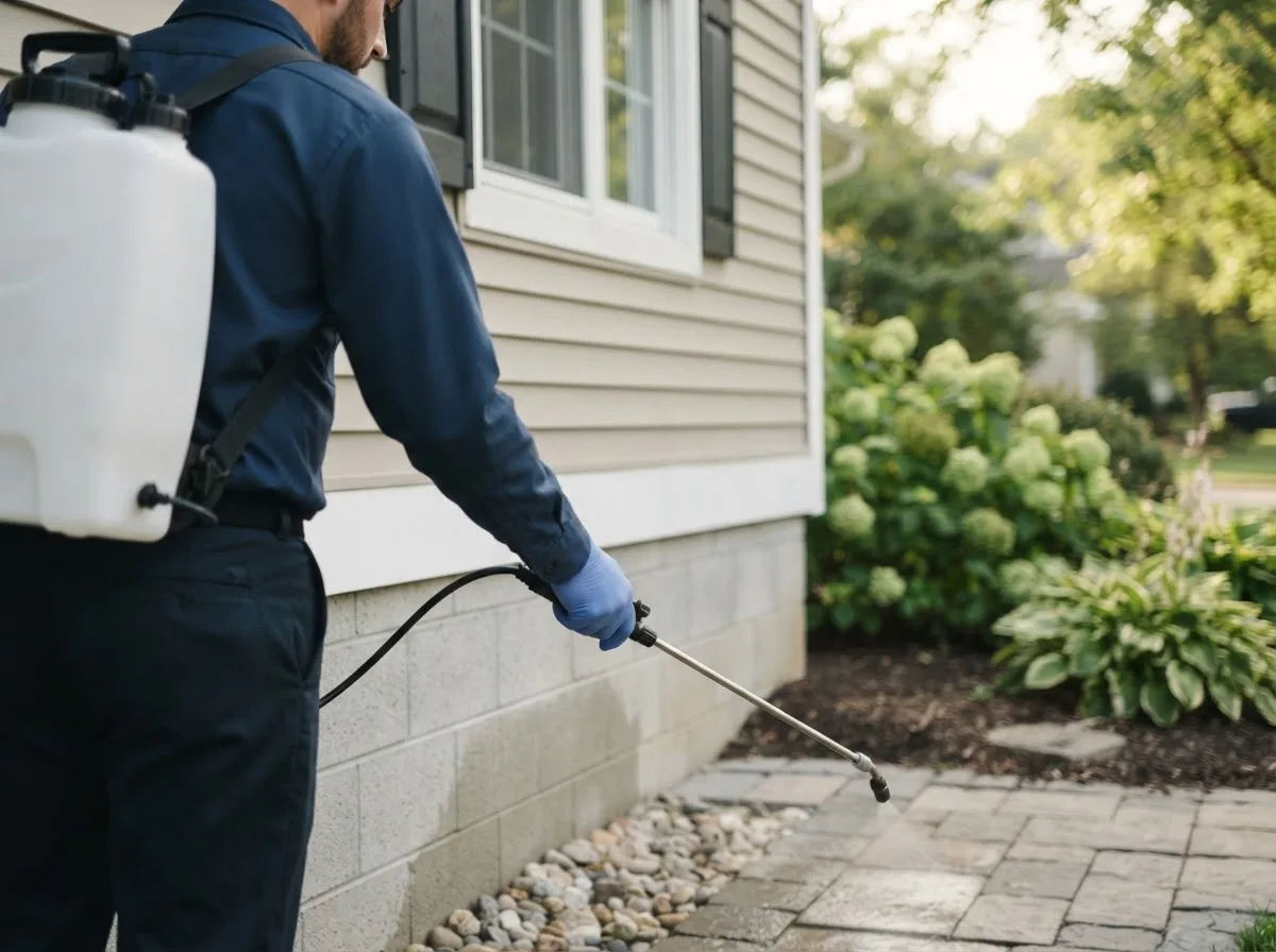 Pest control technician inspecting a home in Waterloo, IL